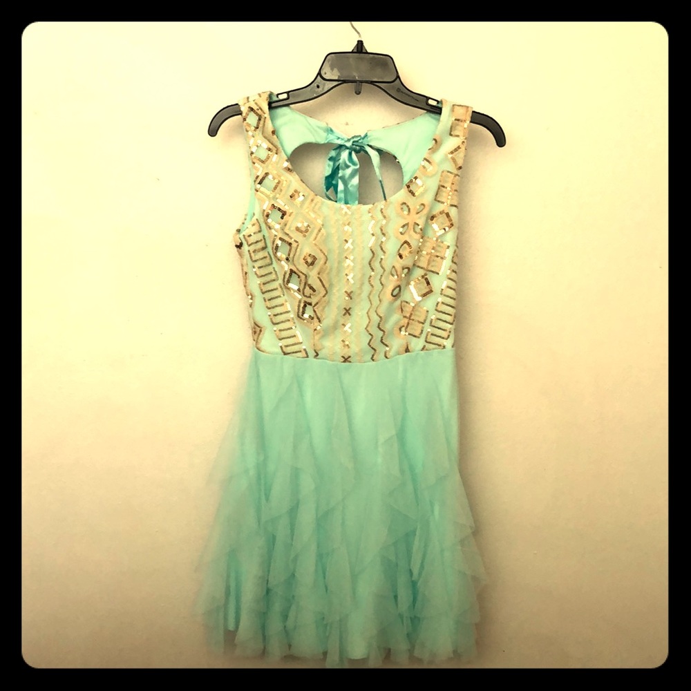 Aqua & gold sequin bodice and tiered ruffled skirt